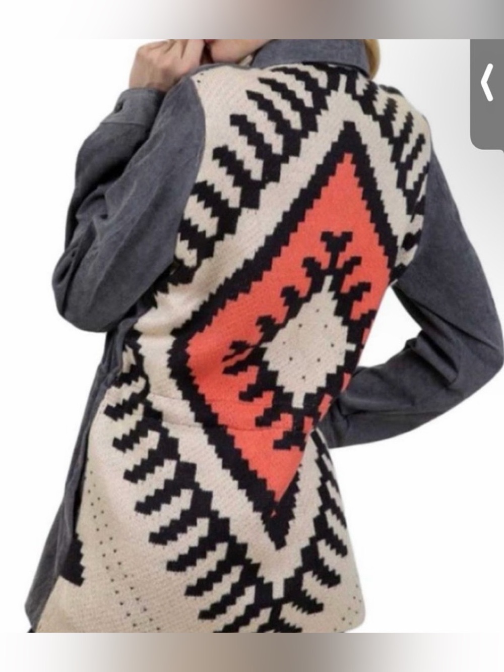 Davi&Dani Lightweight Cordroy Jacket Drawstring Waist Tribal Print Knit Back 1XL